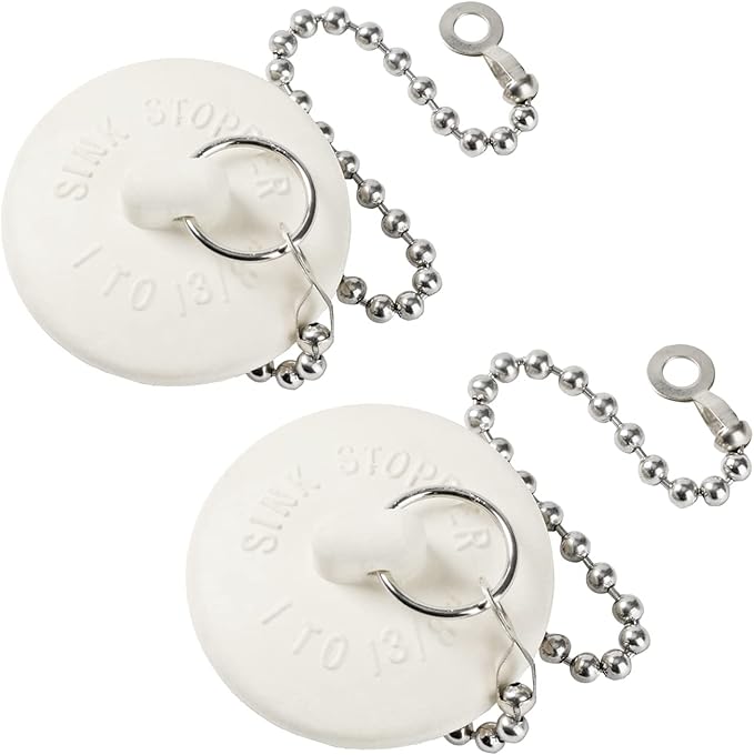 2 Packs Tub Stopper, Rubber Bathtub Stoppers Drain Plug with 15" Stainless Steel Beaded Chain, Premium Bathroom Plug Fit for 1" to 1-3/8" Kitchen Sink, Bathroom Bath tub, Drain Stopper, White
