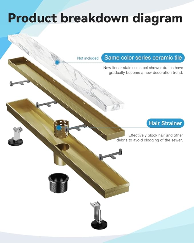 Gold Shower Drain, 24 Inch Linear Shower Drain with Removable Tile Insert Grate, 2 in 1 Bathroom Modern 304 Stainless Steel Brushed Gold Shower Floor Drain with Adjustable Feet,Hair Strainer