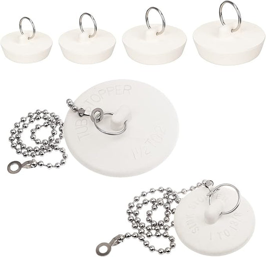 6 Packs Tub Stopper, Rubber Bathtub Stoppers Drain Plug, 2Pcs 15" Stainless Steel Beaded Chain, 6 Different Sizes Premium Bathroom Plug Fit for Kitchen, Bathroom Bath tub and Laundry Sink, White