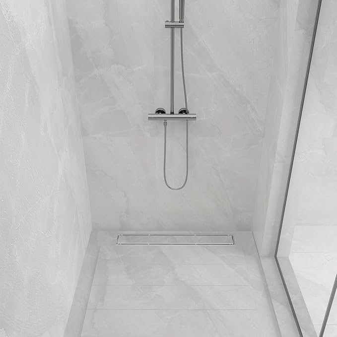 24-Inch Linear Shower Drain with Tile Insert Grate, SUS 304 Stainless Steel Linear Drain, Brushed Nickel Long Rectangle Shower Floor Drain with Leveling Feet, Hair Strainer, Fits Bathroom