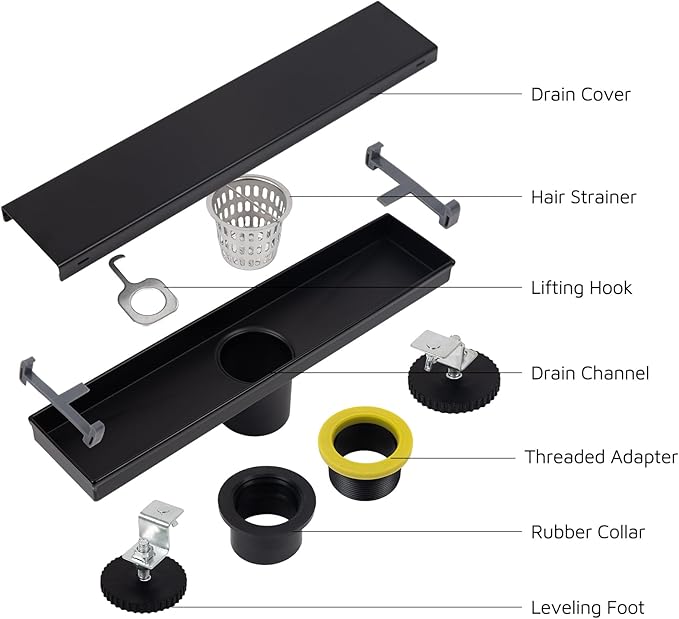 12 Inch Linear Shower Drain Matte Black, Rectangular Reversible 2 in 1 Tile Insert Grate, 304 Stainless Steel Shower Floor Drain Kit, Hair Catcher, Leveling Feet