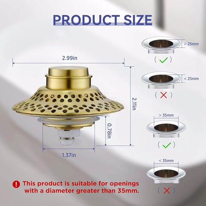 2 Pack Universal Bathtub Drain Stopper with Removable Hair Catcher, 3-in-1 Pop-up Drain Plug Fits 1.38 to 2.1 Inch Holes, Upgrade Shower Drain Cover with Stainless Steel Filter