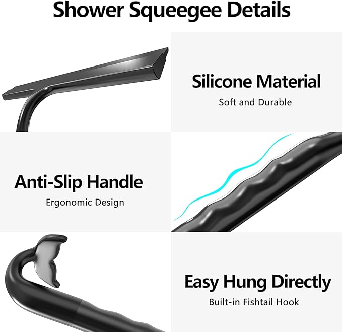 Shower Squeegee for Glass Doors,2-in-1 Silicone Shower Squeegee with Hook,Hang Anywhere | Streak-Free Bathroom Squeegee | Household Window Mirror Squeegee for Bathroom,Glass,Tile Wall,Car | Black
