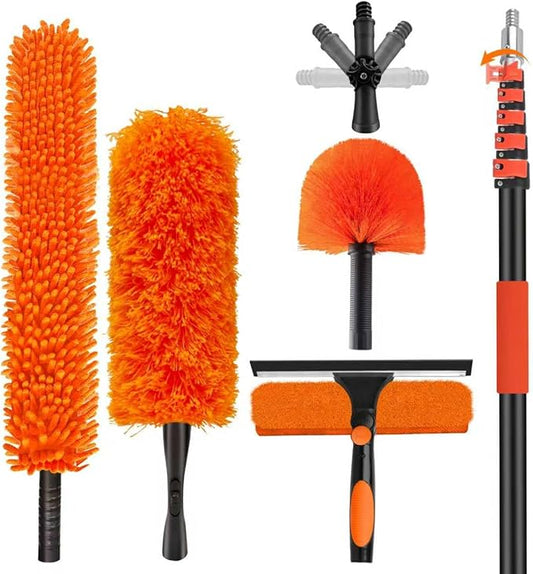 30FT High Reach Duster Cleaning Kit with 24FT Pole | 4-in-1 Tool Set with Universal Swivel Joint | High Ceiling Fan Cleaner, Microfiber Duster & Window Squeegee for Safe High-Reach Cleaning