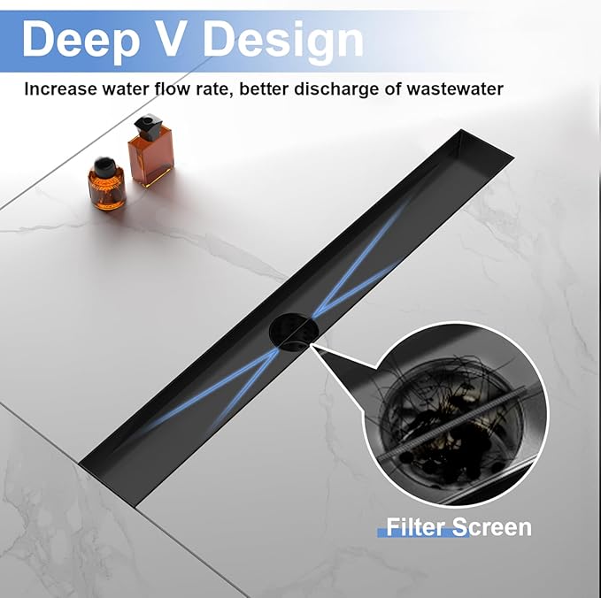 28-Inch Linear Shower Drain with Tile Insert Grate, SUS 304 Stainless Steel Linear Drain, Matte Black Long Rectangle Shower Floor Drain with Leveling Feet, Hair Strainer, Fits Bathroom