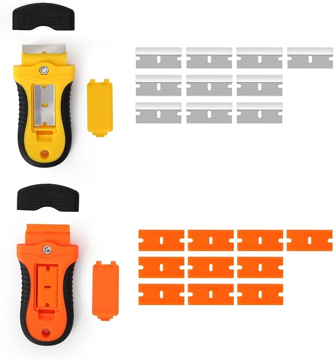 2PACK Locking Razor Blade Scraper with Safety Cap Glass Cooktop Scraper with Extra 10 Plastic Razor Blades and 10 Metal Blades for Glass Clean Paint and Old Label Decal Sticker Remover