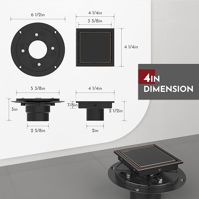 WEBANG 4 Inch Square Shower Drain Bronze Floor Drain with Flange Reversible 2-in-1 Cover Tile Insert Grate Removable SUS304 Stainless Steel CUPC Certified Oil Rubbed Bronze