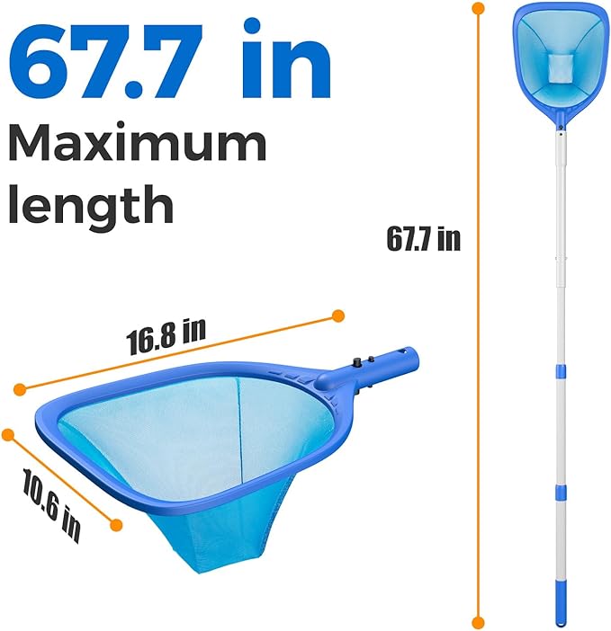 Mowend Swimming Pool Skimmer Net Total Length 67.7 inches, Leaf Rake Net with Adjustable Aluminum Pole for Fast Cleaning Ponds, Hot Tub, and Spas, Pool Cleaner Supplies and Accessories