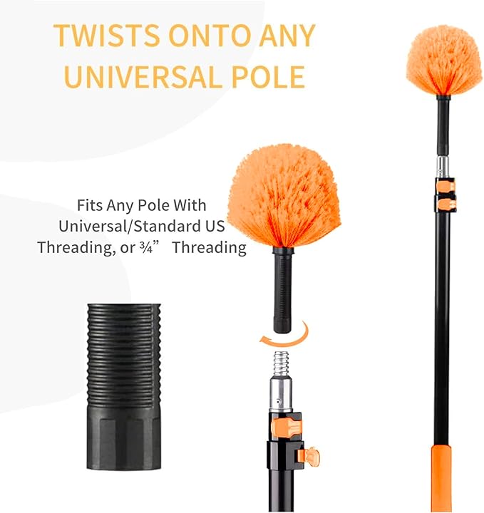 Cobweb Duster Brush Head, Spider Web Cleaning Tool, Indoor & Outdoor Use, Fits 3/4 Inch Acme Threaded Poles (Orange)