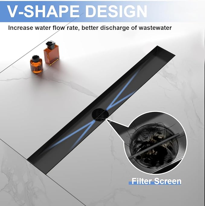 24-Inch Linear Shower Drain with Tile Insert Grate, SUS 304 Stainless Steel Linear Drain, Matte Black Long Rectangle Shower Floor Drain with Leveling Feet, Hair Strainer, Fits Bathroom