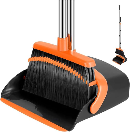 NACENA Broom and Dustpan Set, 52-in Long Adjustable Handle Broom Dustpan Combo with Dustpan Teeth to Automatically Clean Hair Suitable for Home Kitchen Office Hall Floor（Black&Orange）