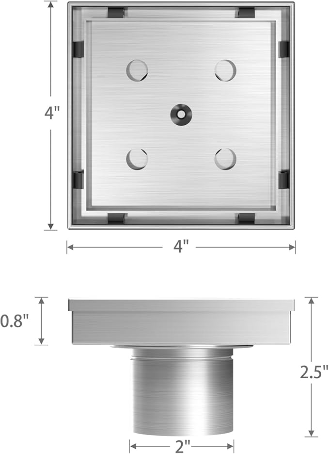 Sharpeye 4 Inch Square Shower Drain with Removable Tile Insert Grate, Brushed 304 Stainless Steel Square Shower Floor Drain, Includes Hair Strainer, CUPC Certified