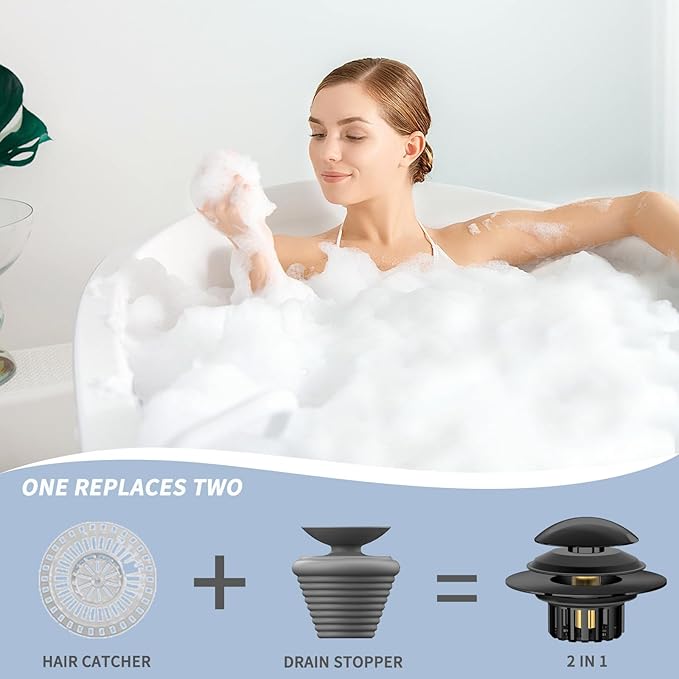 2 in 1 Tub Stopper Bathtub Drain Hair Catcher with Dual Filtration Design, Anti-Clogging Bathtub Drain Plug Bath Tub Stoppers for 1.45-1.8" Drain Shoe, Black