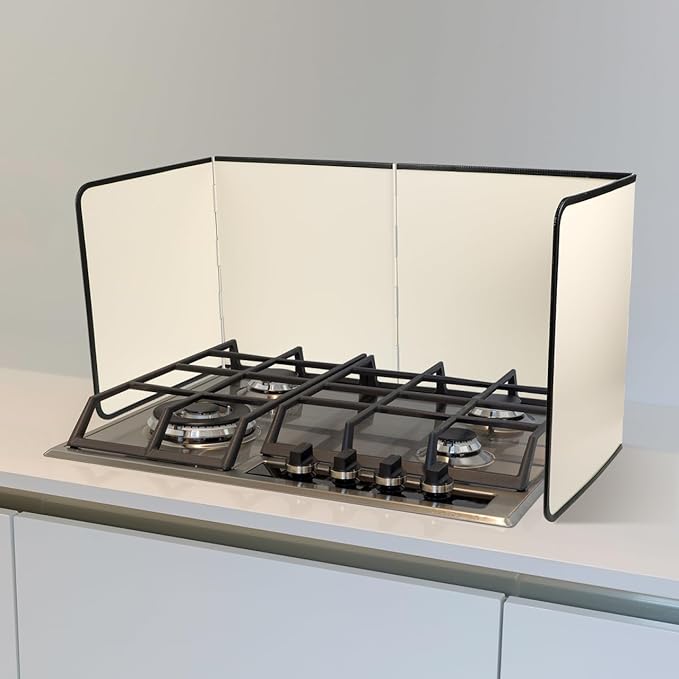 4 Sided Beige Splatter Guard Foldable Stainless Steel Stove Splash Guard Oil Splatter Screens for Frying Kitchen Backsplash Protector Nonstick Oil Splatter Guard for Cooking