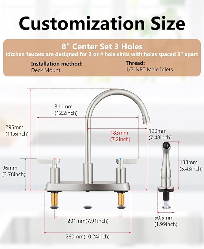 Kitchen Faucet with Sprayer 2 Handle Kitchen Sink Faucets 8 Inch Centerset 3 Hole with Supply Lines Brushed Nickel