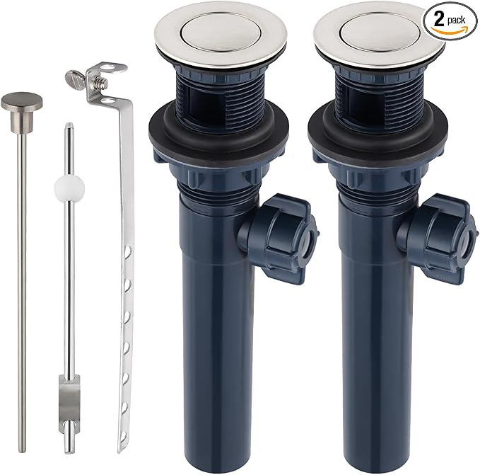 2PCS Bathroom Sink Drain with Lift Rod, Pop Up Sink Drain with Overflow, Universal Fit, Brushed Nickel Drain Stopper for Vessel Sink, Assembly for Bathroom Faucet Sink