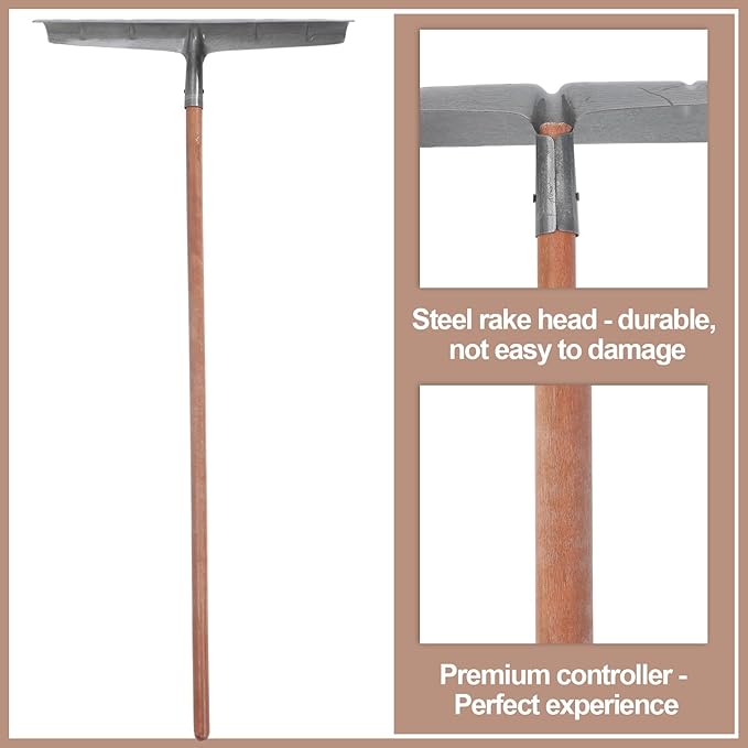 1 Pack 60 Inch Concrete Placer with 22 Inch Wide Steel Rake Head and Removable Wood Handle Concrete Rake Spreading Leveling Tool for Building Construction