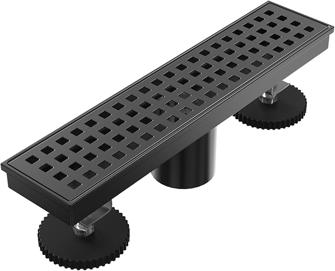 12 Inch Linear Shower Drain Matte Black, Rectangular Shower Floor Drain Kit 304 Stainless Steel, Removable Grid Grate, Hair Catcher, Leveling Feet