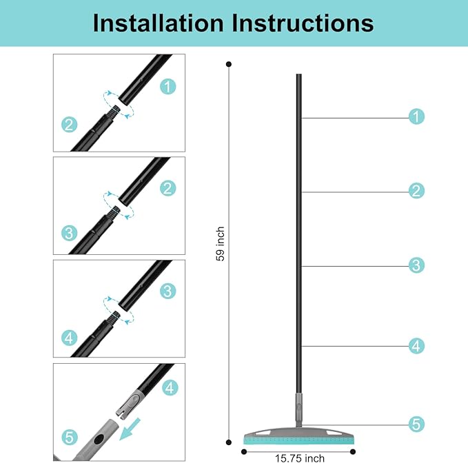 Multifunction Magic Broom, Silicone Floor Squeegee Broom with 59" Long Handle, Scraping Broom for Floor Bathroom Kitchen Shower Tile Pet Hair Fur Marble Glass Water Window Foam Cleaning, Blue