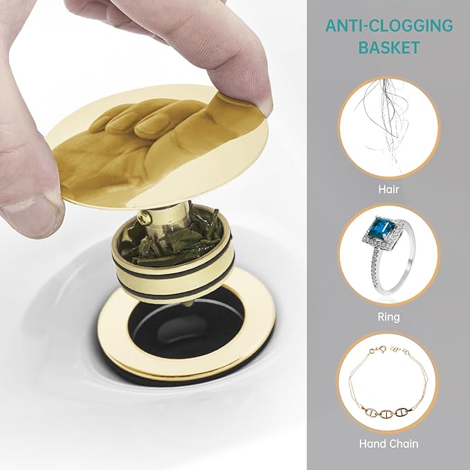Gold Pop Up Bathroom Sink Drain with Overflow - Fits 1-5/8" to 2" Holes, 304 Stainless Steel for Vanity/Vessel Sink