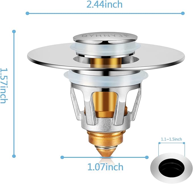 Bathroom Sink Stopper with Hair Catcher – Universal Pop-Up Drain Strainer for 1.1–1.5 inch US Standard Sink Drain Holes, Includes 2 Sets of Silicone Gaskets