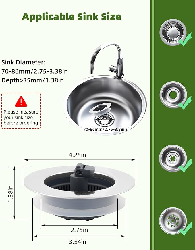 Universal 3-in-1 Kitchen Sink Strainer Stopper Pop Up Sink Drainer with Upgrade Folded Handle, for US Standard 3-1/2 inch Drain Filter, Chrome Stainless-Wraped Shell, Anti-Clog