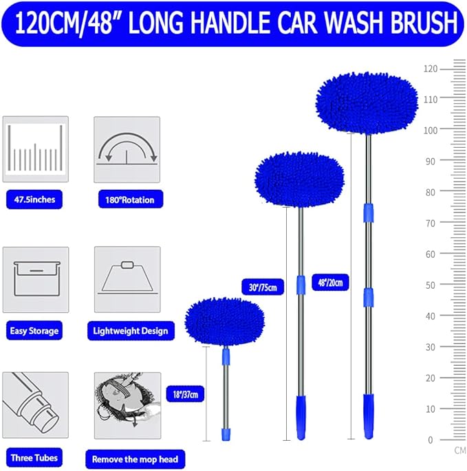 47.5" Car Wash Brush Mop Cleaning Tool with Long Handle Kit for Washing Detailing Cars Truck, SUV, RV, Trailer, Boat 2 in 1 Chenille Microfiber Sponge Duster Not Hurt Paint Scratch Free