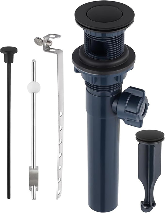 Bathroom Sink Drain with Lift Rod, Pop Up Sink Drain with Overflow, Universal Fit, Matte Black Drain Stopper for Vessel Sink, Assembly for Bathroom Faucet