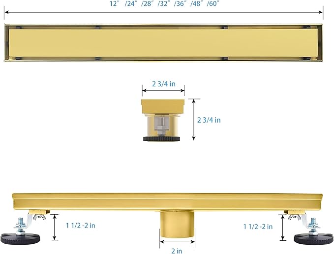 SaniteModar Linear Shower Drain, Gold Shower Drain 24 inch with 2 in 1 Tile Insert and Flat Panel, AISI 304 Stainless Steel Gold Linear Shower Floor Drain with Hair Strainer and Leveling Feet