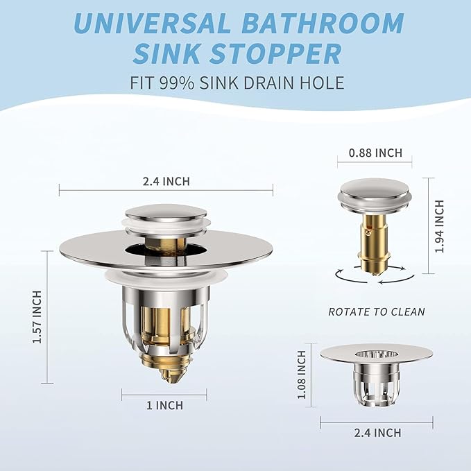 Universal 2 in 1 Bathroom Sink Stopper, Pop Up Bathroom Sink Drain Strainer with Anti-Clogging Filter Basket, Bathroom Drain Stopper Sink Plug for 1.06"-1.65" Basin Drain Holes, Brushed Nickel