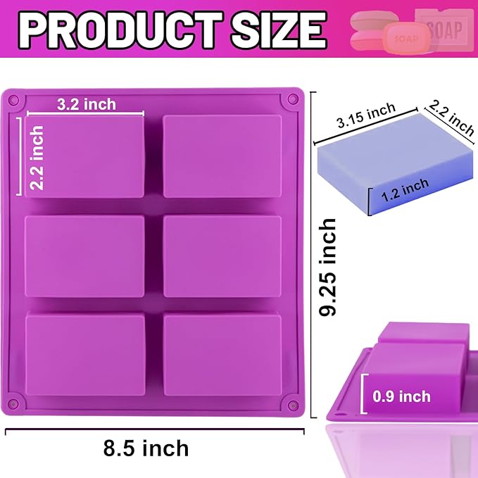 2 Pack Silicone Soap Molds, 6 Cavities Rectangle Silicone Soap Molds, Great for Homemade Craft Soap Mold, Chocolate Mold, Cake Mold ＆ Ice Cube Tray - Just Pop Out（Purple