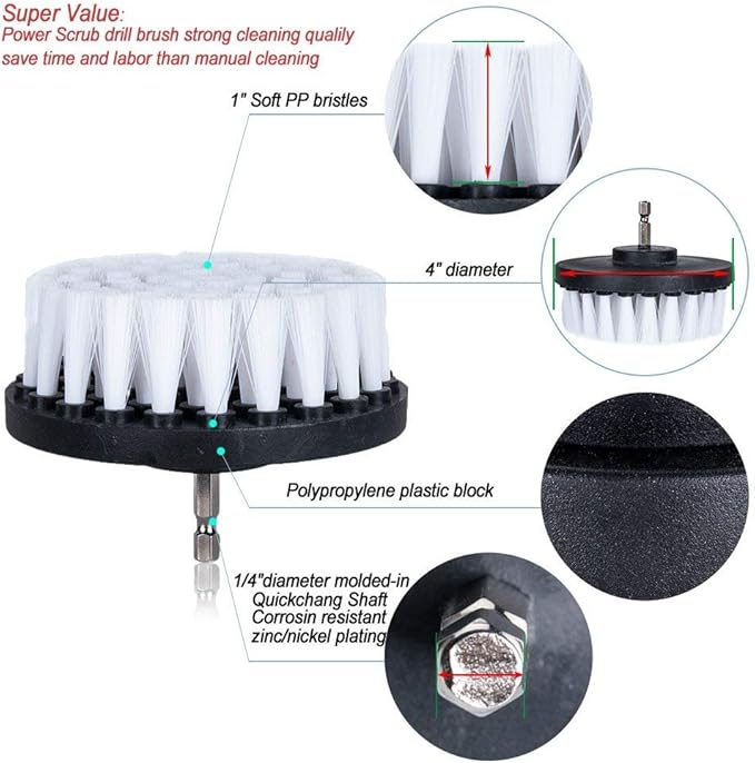 5 Piece 4 inch Drill Brush Soft Bristle White Quick Change Shaft Soft Bristle Power Scrubber Brush Set for Cleaning Car, Boat, Seat, Carpet, Upholstery and Shower Door