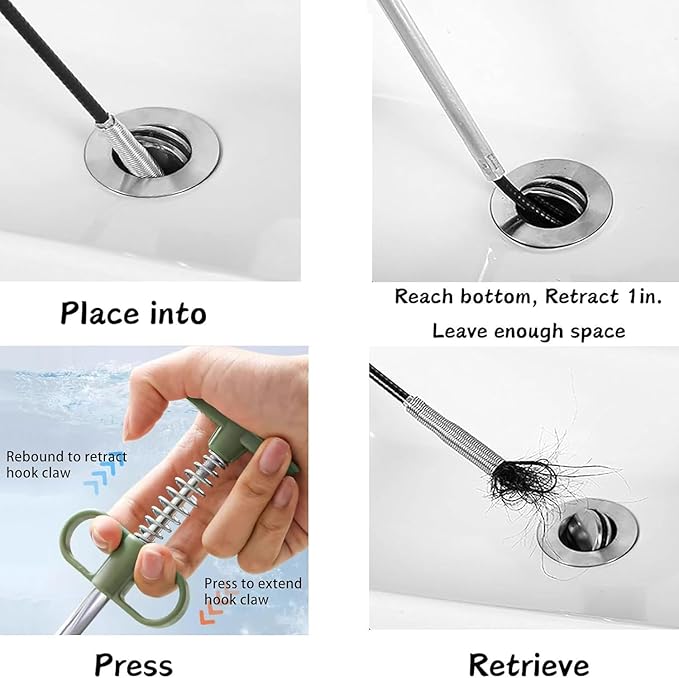35" Flexible Drain Snake Grabber Tool, Upgraded Hair Clog Remover for Sink, Shower & Bathtub, Easy Reach Plumbing Weasel