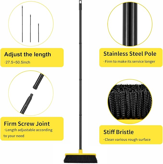 Push Broom Outdoor Indoor Broom 12" Wide,50" Long Handle with Stiff Bristles for Cleaning Scrubbing Deck Driveway Yard Patio Wood Stone Tile Floor