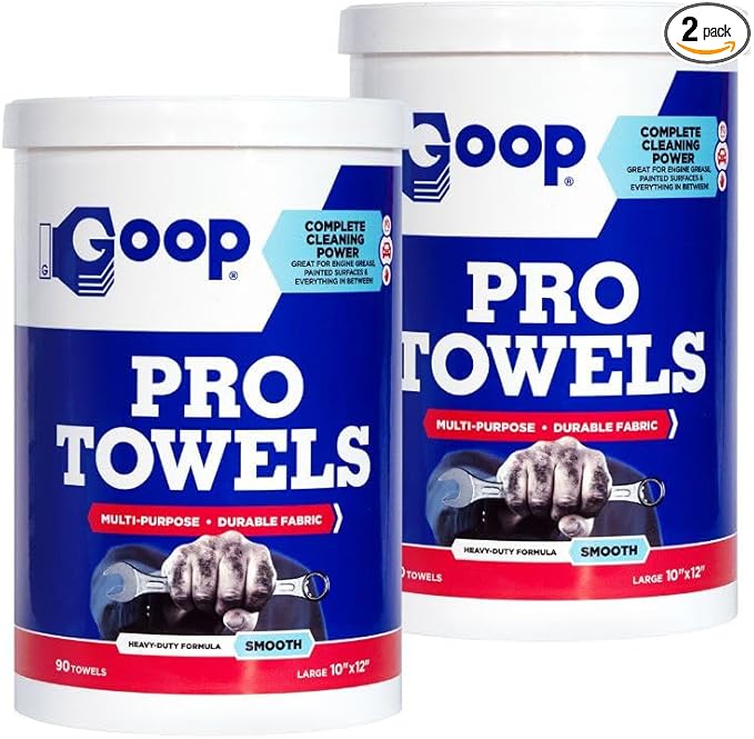 GOOP Pro Towels Heavy-Duty Multi-Surface Cleaning Wipes – Removes Engine Grease, Grime & Paint – Safe for Tools, Machinery & Painted Surfaces – 90 Extra Large 10" x 12" Towels (Pack of 2)