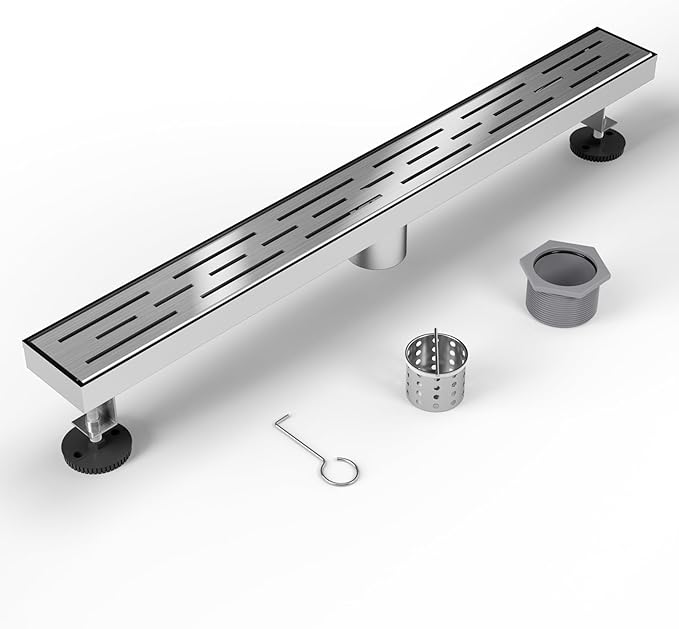 Shower Drain Stainless Steel for Bathroom: Brushed Nickel Linear Shower Drain 28 Inch with Removable Brick Pattern Grate - Adjustable Rectangular Shower Floor Drain with Hair Strainer