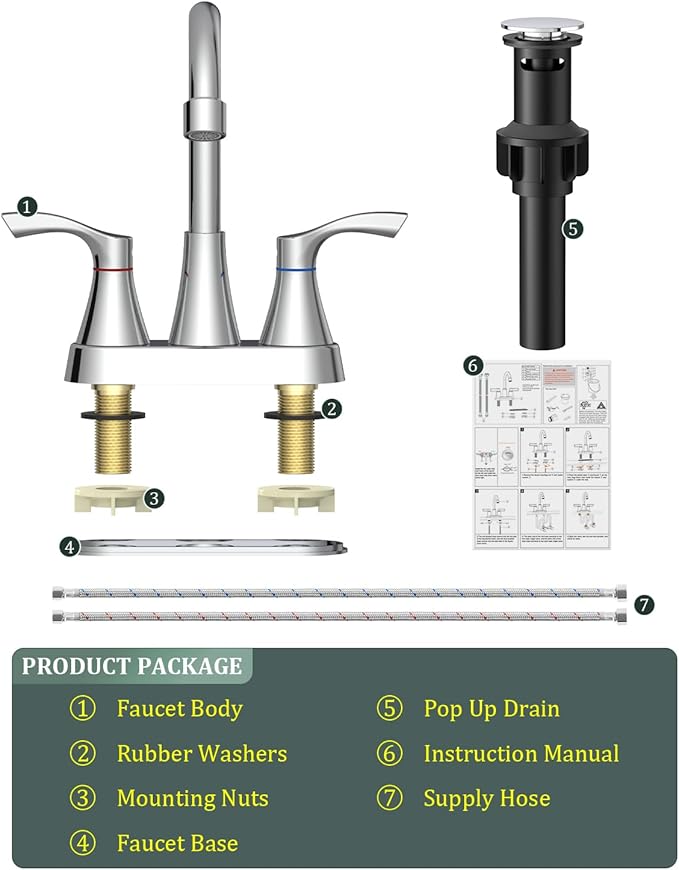 2 Pack Chrome Bathroom Faucet 3 Hole, Evolvegoods 4 Inch Stainless Steel Bathroom Sink Faucet, 2 Handle Centerset Faucet for Bathroom Sink Vanity, with Pop Up Drain and 2 Supply Hoses