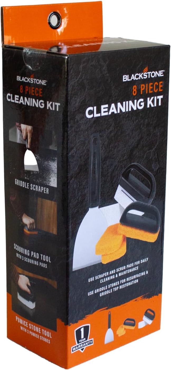 BLACKSTONE 5463 Cleaning Tool Kit (8 Pieces) BBQ Grill Flat Top Indoor/Outdoor Accessories-1 Stainless Steel Griddle Scraper, 3 Scouring Pads, 2 Pumice Stone with Handle, Black, Orange, Silver