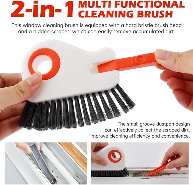2Pcs Window Track Cleaner with Hard Bristle Brush & Scraper, 2-in-1 Groove Cleaning Tool for Sliding Door Tracks, Window Sills, and Seal Crevices