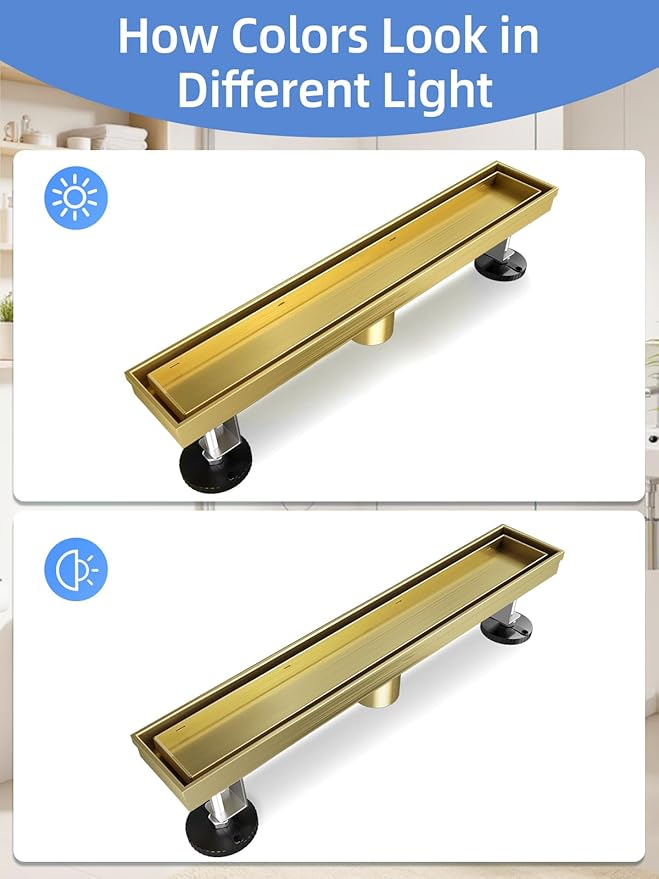 Gold Shower Drain, 36 Inch Linear Shower Drain with Removable Tile Insert Grate, 2 in 1 Bathroom Modern 304 Stainless Steel Brushed Gold Shower Floor Drain with Adjustable Feet,Hair Strainer