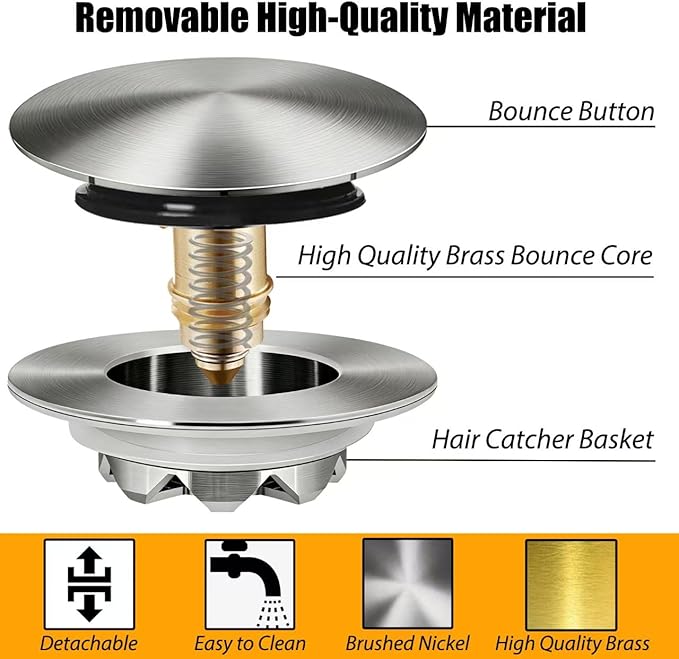 Bathtub Drain Stopper, Pop Up Tub Stopper and Cover, Bottom with Hair Catcher, Universal for 1.45 to 1.8in Drain, Replaces Old Drain Plug, Brushed Nickel