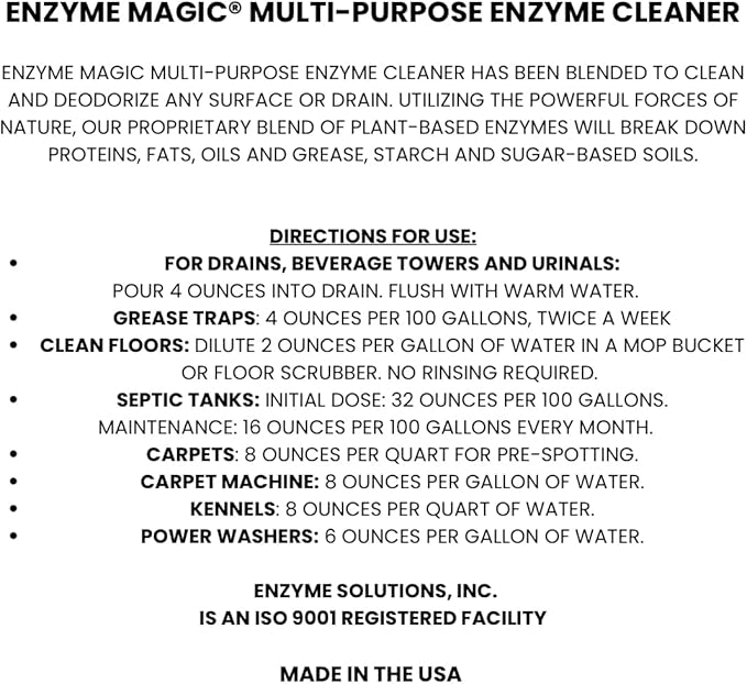 Multi-Purpose Enzyme Cleaner |Super Concentrated | Floor Cleaner | Clogged Drain | Hard Surface Cleaner | Grease Trap Cleaner | Deck cleaner | Power Wash | Carpet Cleaner | Stain Remover