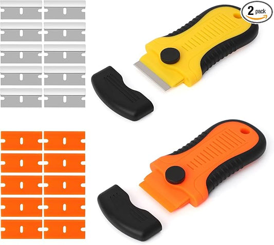 2PACK Locking Razor Blade Scraper with Safety Cap Glass Cooktop Scraper with Extra 10 Plastic Razor Blades and 10 Metal Blades for Glass Clean Paint and Old Label Decal Sticker Remover