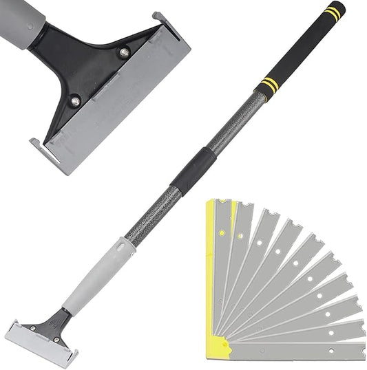 4" Razor Blade Floor Scraper with Long Handle,31in Adjustable Floor Scraper Heavy Duty with 10PCS Extra Metal Blades Paint Scraper for Cleaning Stickers Gum Glass Wall Tile (Black 31in)