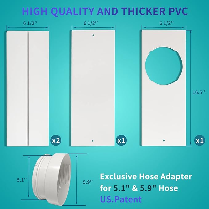 Portable AC Window Vent Kit - Complete Air Conditioner Window Kit, Adjustable PVC Window Seal Kit Panels Up to 60 Inches, for Universal Thread AC Exhaust Hose of 5.1" and 5.9" Diameter
