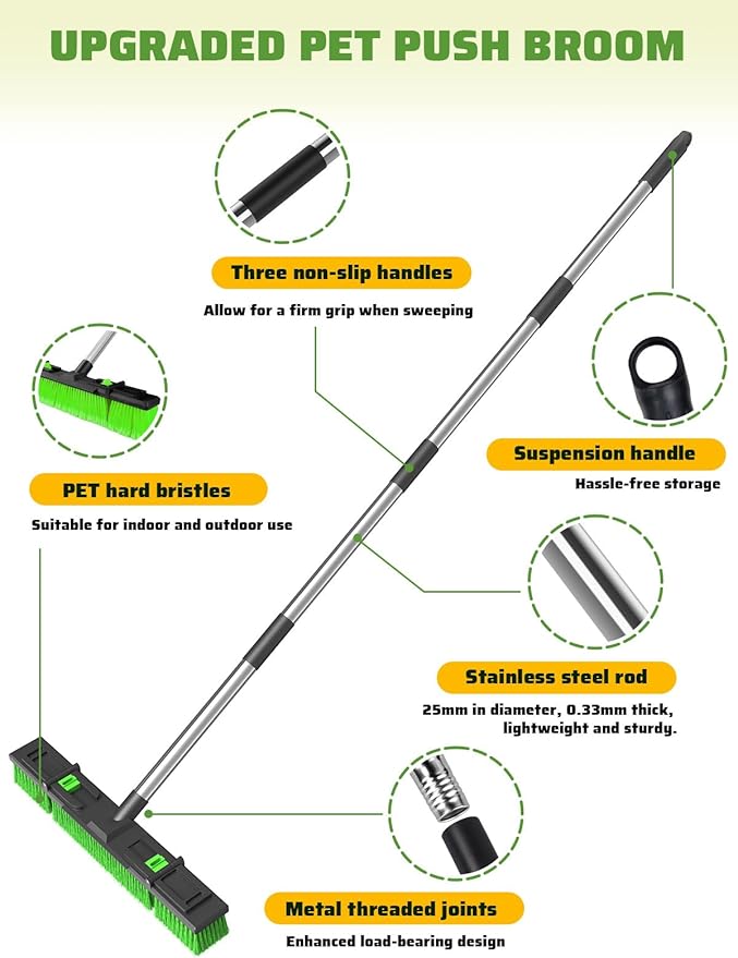 18”/45cm Large Wide Adjustable Heavy Duty Outdoor Push Broom Stiff Brush Head with 4 Section Threaded Handle 60"/152cm for Warehouse Driveway Garage Patio Sidewalk Floor Dirt Workshop Deck Cleaning