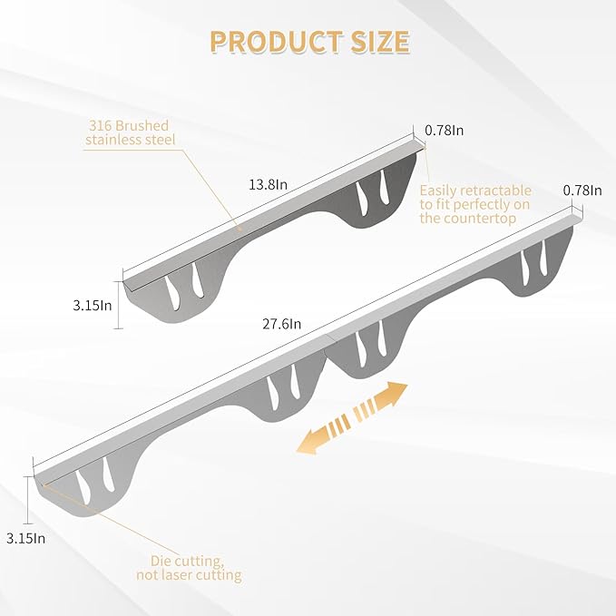 316 Stainless Steel Stove Gap Covers,2 Pack Stove Gap Filler,Range Trim Kit,Heat-Resistant Stove Gap Guard,Easy Retractable Length 13.8" to 27.5",Width 0.79",Silver