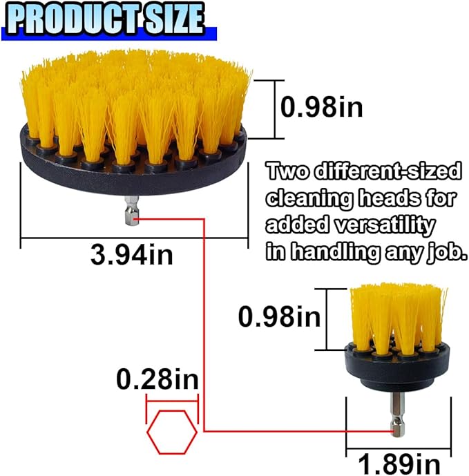 2PCS Car Detailing Drill Brush Set, 2" & 4" Power Carpet Scrubber, Nylon Bristle Wheel Cleaner Brush with Drill Attachment, Car Wash Cleaning Kit for Floor Mats, Bathroom (Yellow)