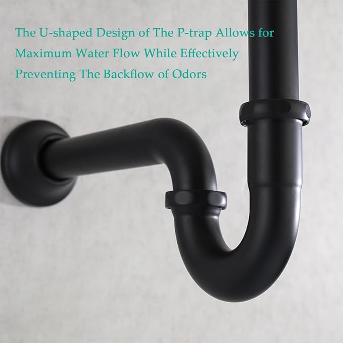 Brass P Trap U-Shape 1 1/4 inch Sink Drain Pipe with Slip Joint Extension Tub,12 inch Vertical Pipe length Adjustable Height Sink Waste Trap Drain Kit Matte Black,SE83555MB-L