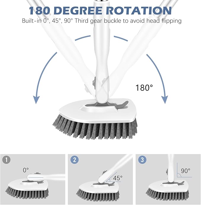 SetSail Floor Scrub Brush, 3-in-1 Tile Tub Floor Scrubber with 52-inch Adjustable Long Handle Shower Cleaner Brush and 4 Detachable Replacement Brush Heads for Cleaning Bathroom Tub Tile, White